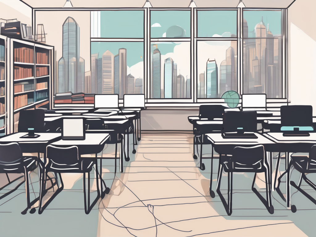 A classroom setting in hong kong with various education-related elements such as a laptop