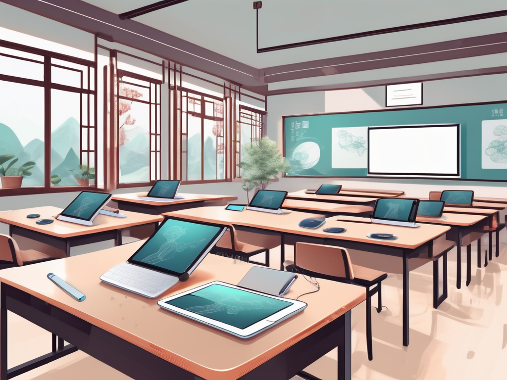 A classroom setting in china with modern teaching tools such as digital tablets