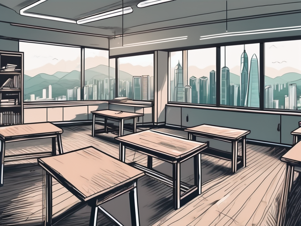 A classroom setting in hong kong with a chalkboard