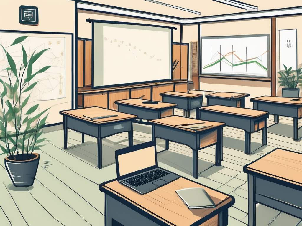 A classroom setting in taiwan with traditional elements such as lanterns and bamboo plants