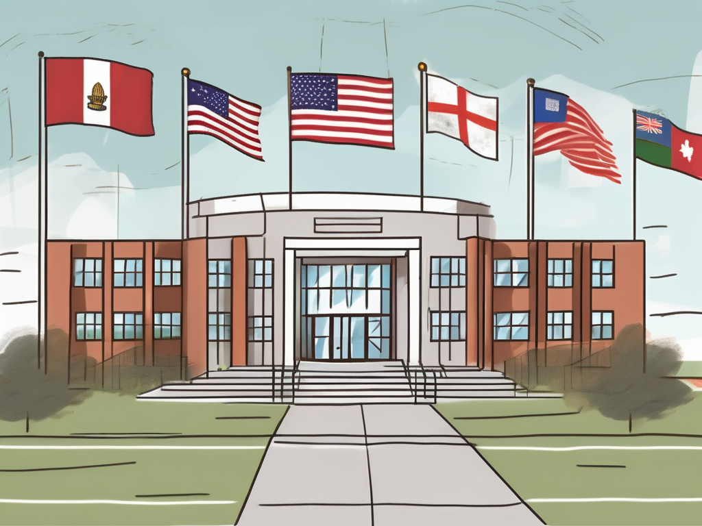 The lincoln community school building with a variety of international flags flying around it