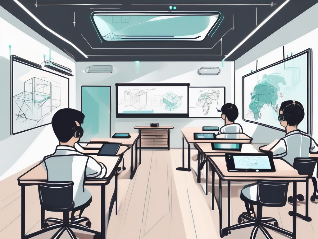 A modern classroom in singapore showcasing four different innovative teaching tools such as a digital blackboard