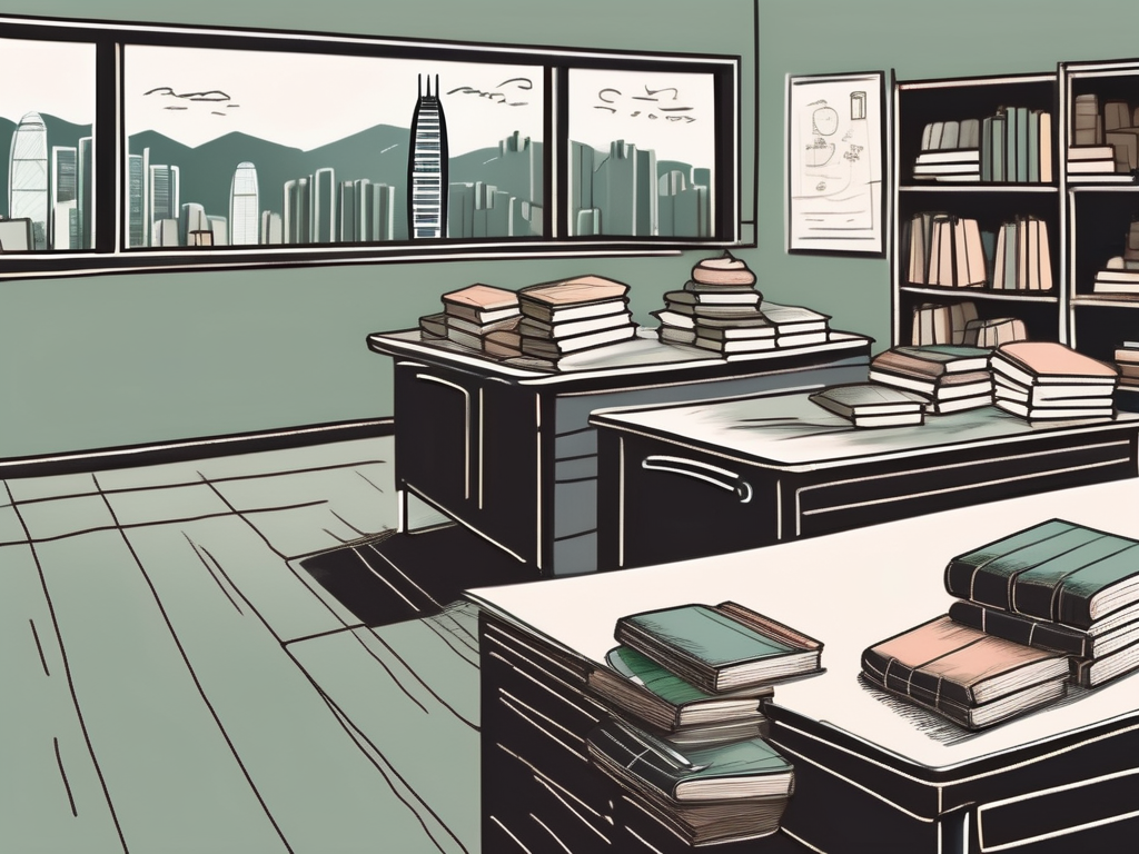 A classroom scene in hong kong with a teacher's desk filled with books and teaching materials