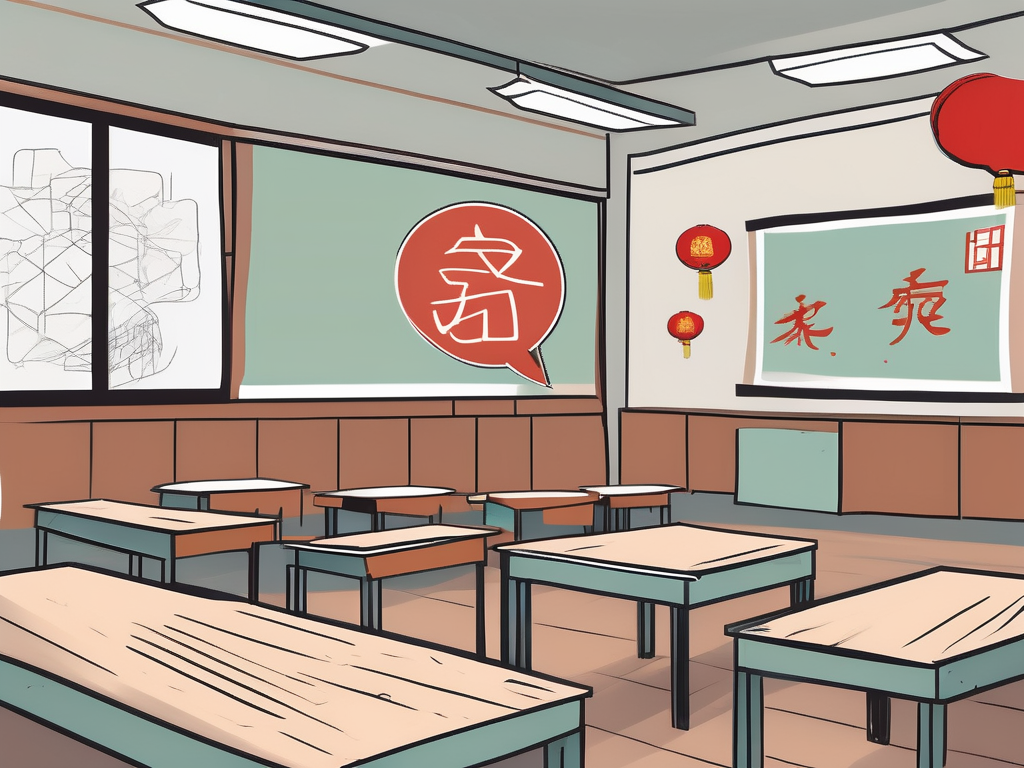 A classroom setting in china with various symbolic barriers like a language barrier represented by a broken speech bubble