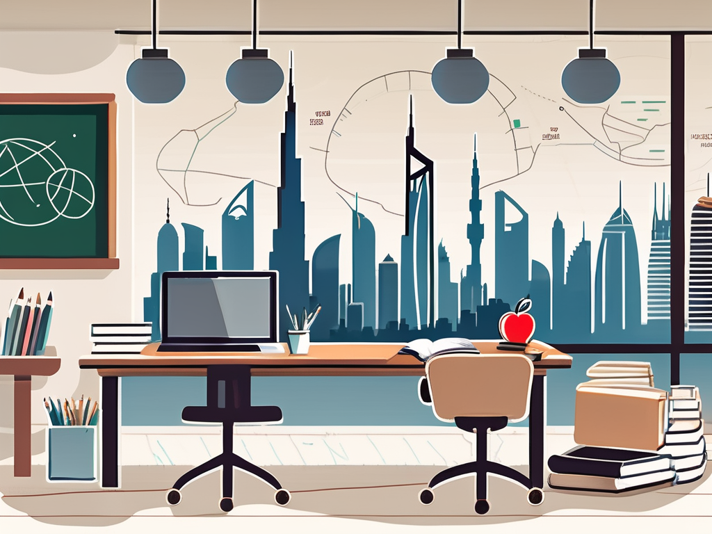 A classroom in dubai with a view of the city skyline