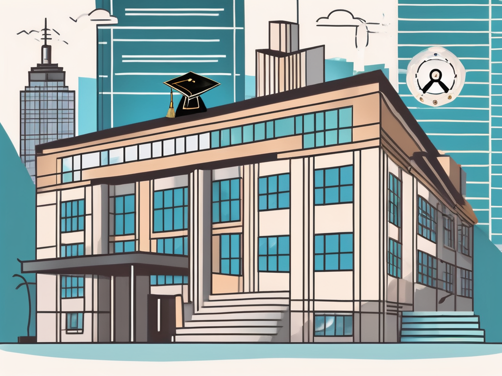A school building in hong kong's skyline with five symbolic elements such as a magnifying glass