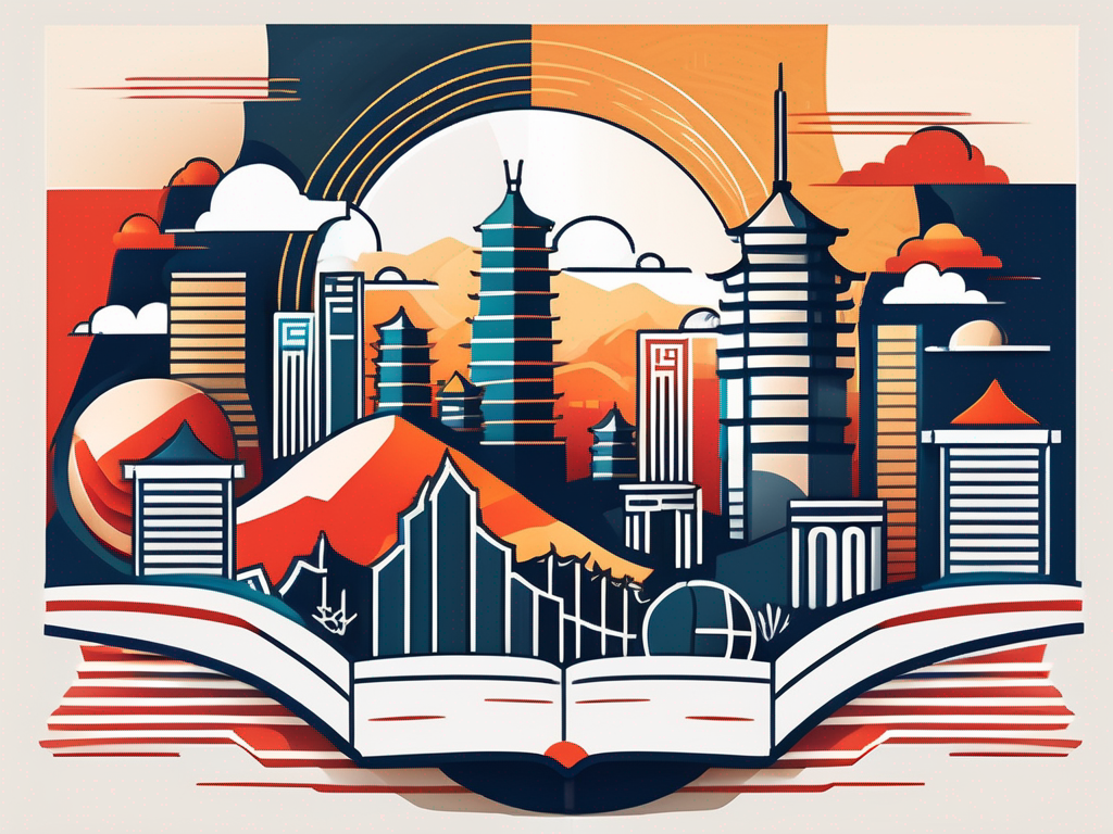 A vibrant chinese landscape featuring iconic landmarks like the great wall and a modern city skyline