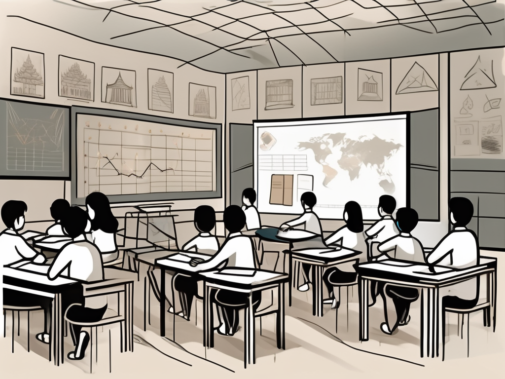 A school setting in thailand with elements like a school building