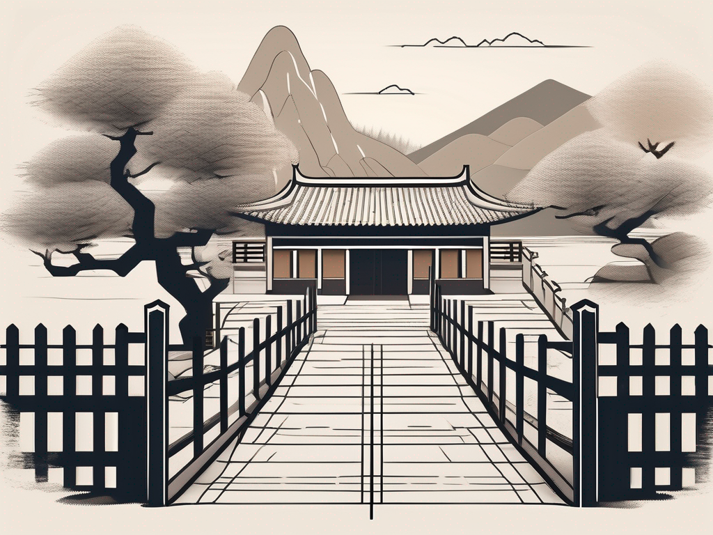 A traditional chinese schoolhouse with six different barriers such as a tall fence