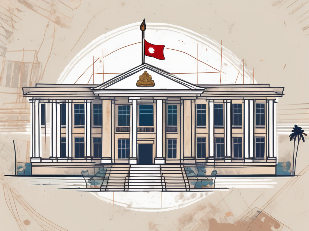 A school building with the cambodian flag flying overhead