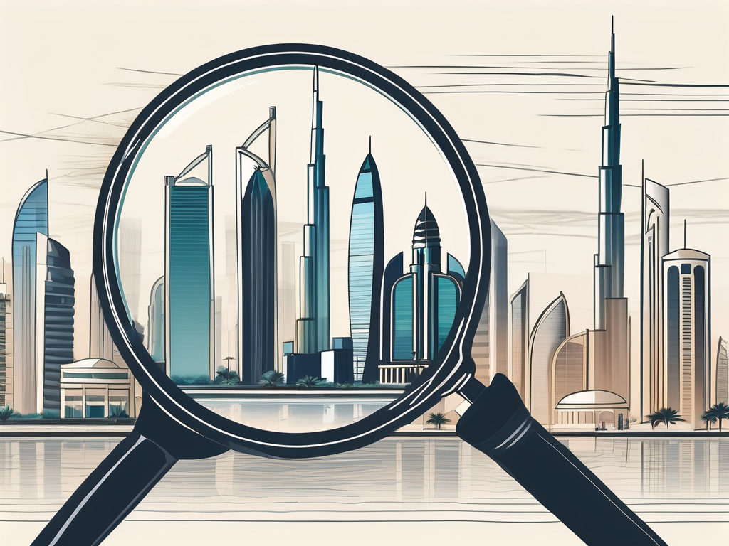 The dubai skyline with a magnifying glass focusing on various corporate buildings