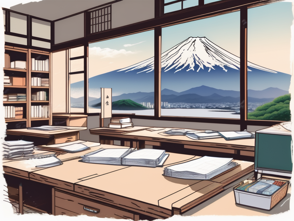 A japanese classroom with various government policy documents scattered on the teacher's desk