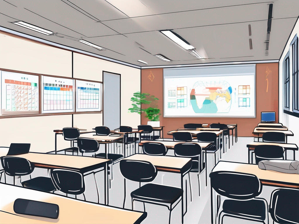 A classroom setting in china with an emphasis on various management tools such as a digital clock