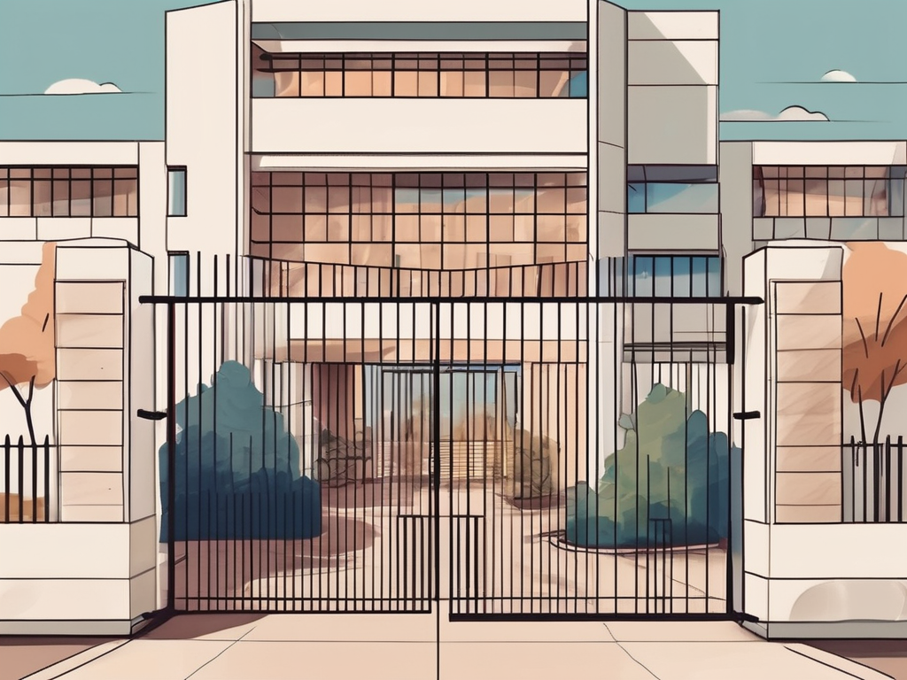 An international school building in argentina with a "now hiring" sign on the gate