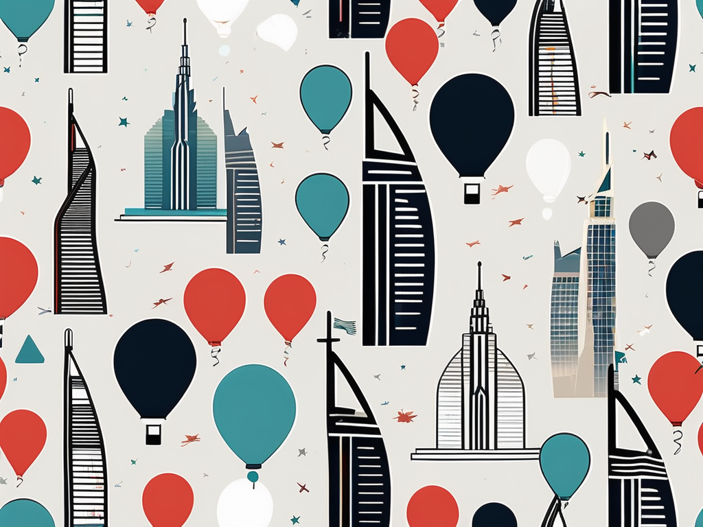 A diverse array of international flags fluttering above iconic dubai landmarks