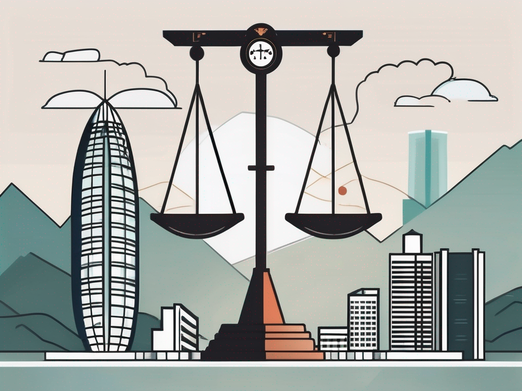 A balanced scale with an iqts (integrated quality training system) symbol on one side and iconic singaporean landmarks on the other