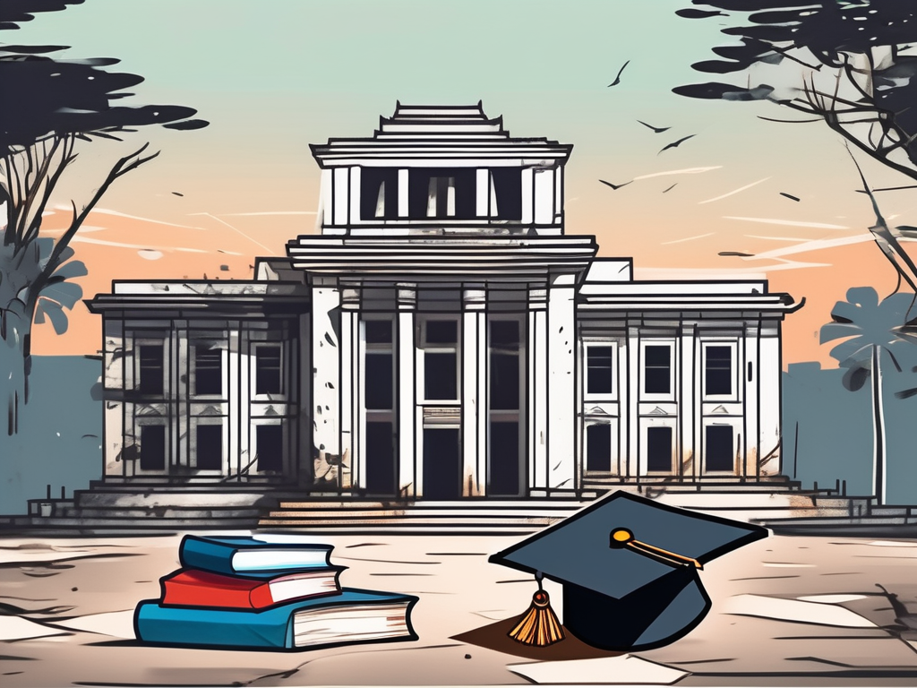 A dilapidated university building with a broken graduation cap and a pile of books nearby