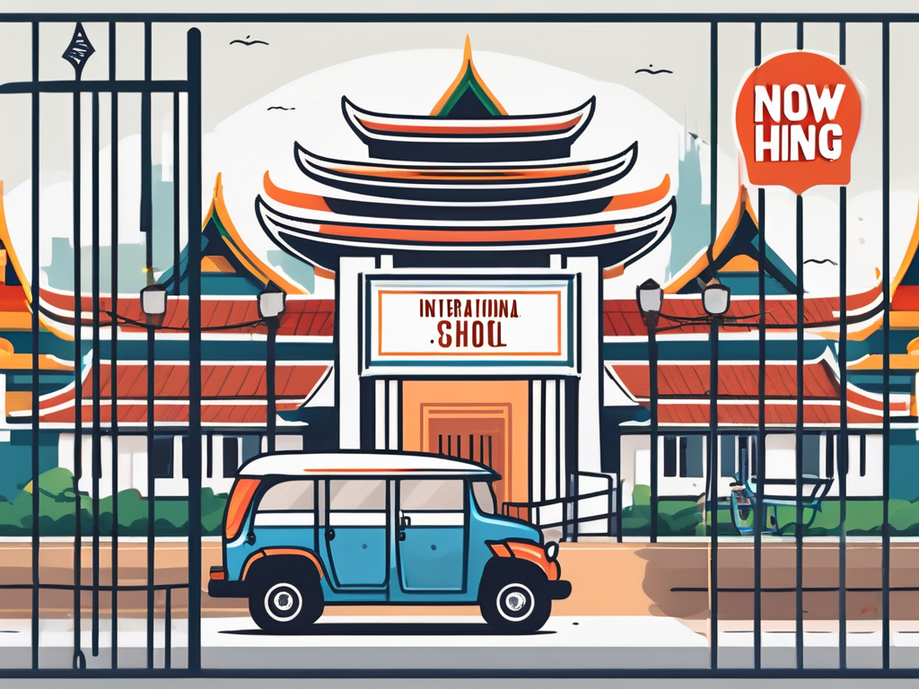 A bustling international school in bangkok with a "now hiring" sign hung on the gate