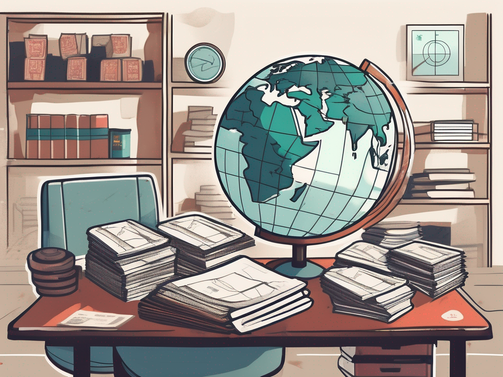 A teacher's desk filled with typical teaching materials