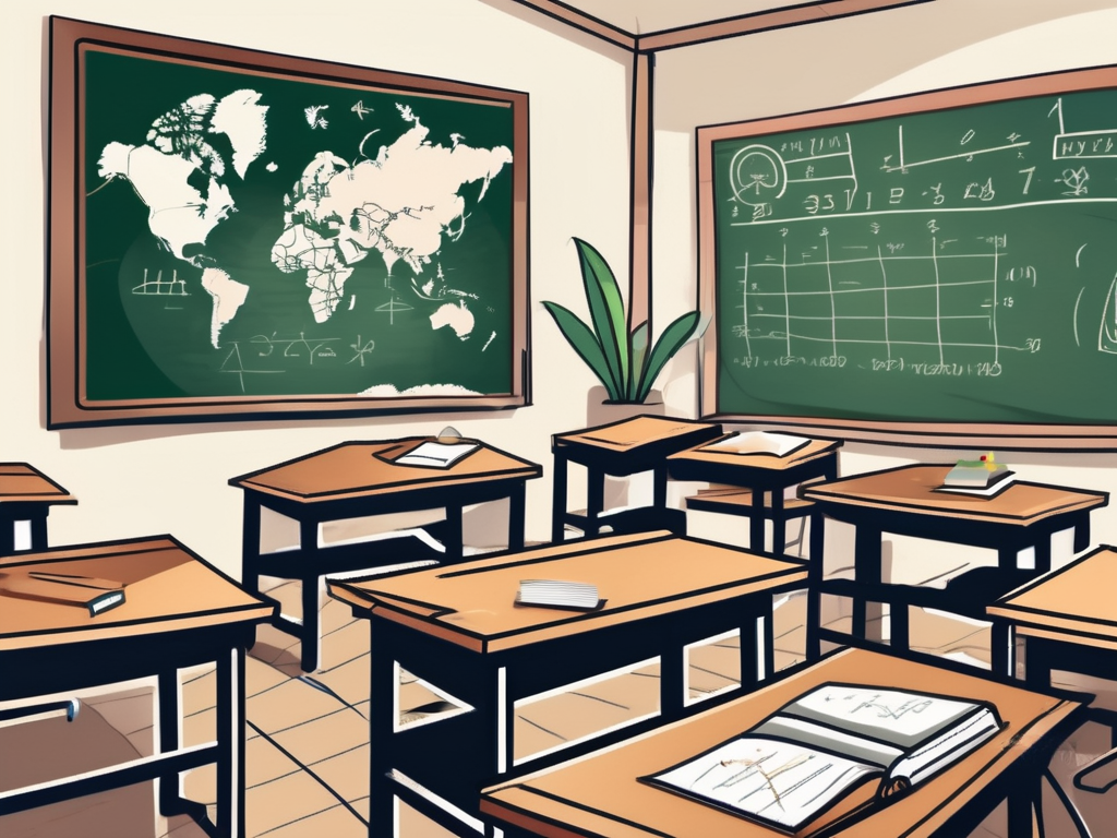 A classroom setting in thailand with an empty teacher's desk in the forefront