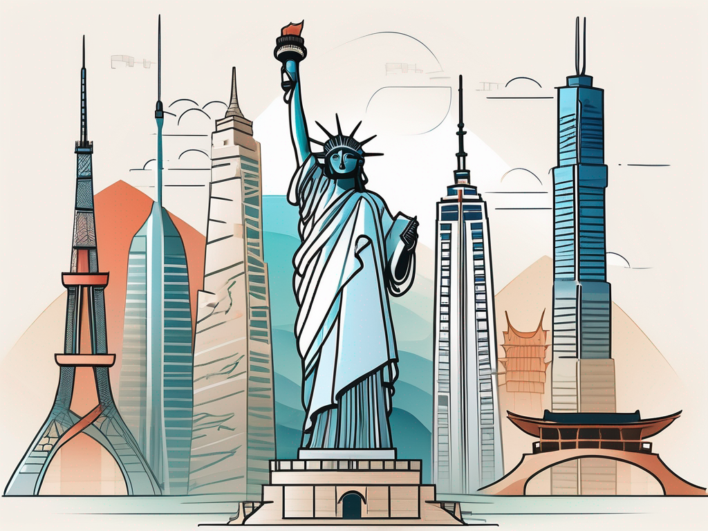 A variety of iconic landmarks from different cultures