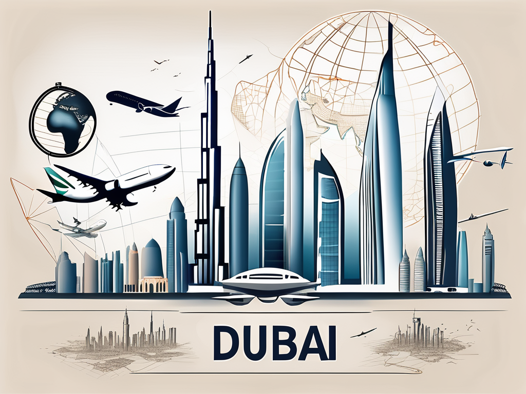 The dubai skyline with a few iconic landmarks