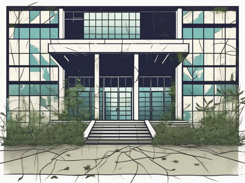 A dilapidated university building with cracks and overgrown weeds