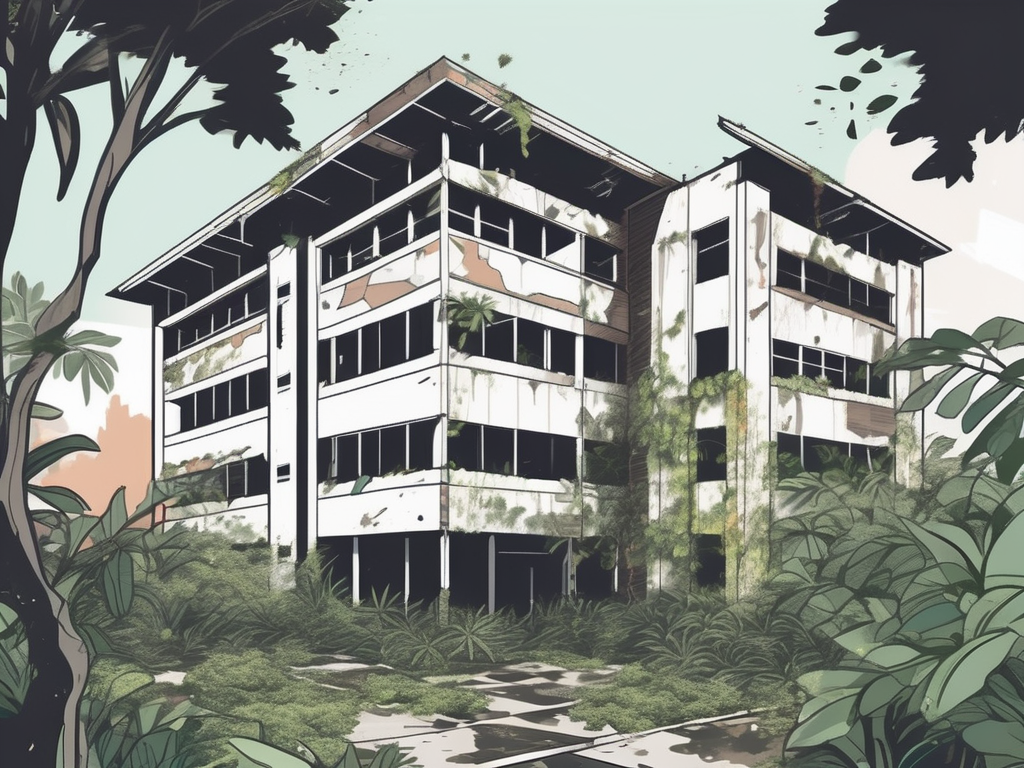 A crumbling university building with visible signs of neglect