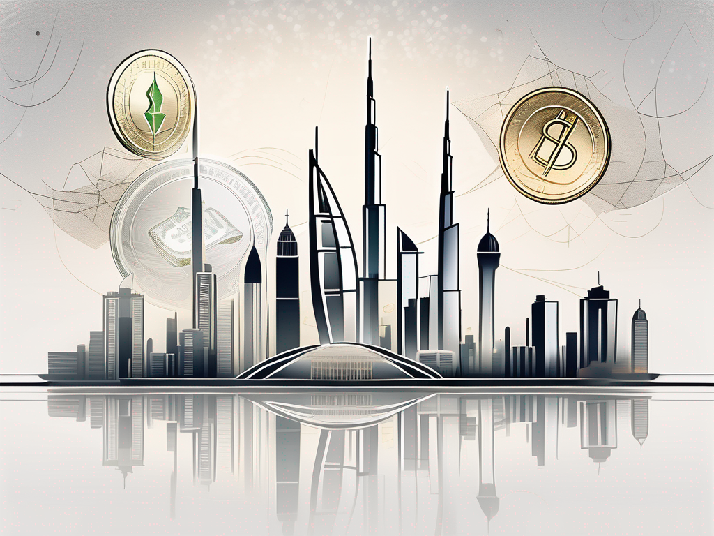 A luxurious dubai skyline with a symbolic representation of teaching (like an apple or a graduation cap) and currency symbols to signify high income