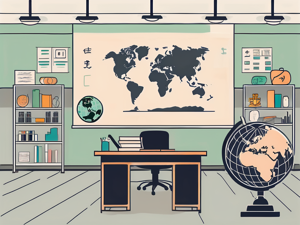 A classroom with a chalkboard displaying various currency symbols
