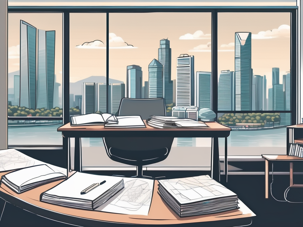 A classroom setting in singapore with a desk full of teaching materials and a chalkboard