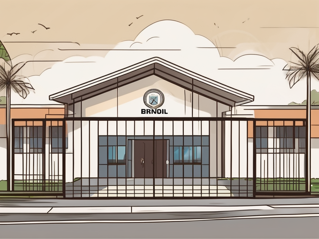 An international school in brunei with a "hiring now" sign on its front gate