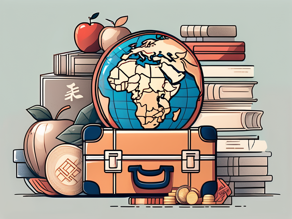 A stack of chinese yuan surrounded by various symbols of teaching (like a globe