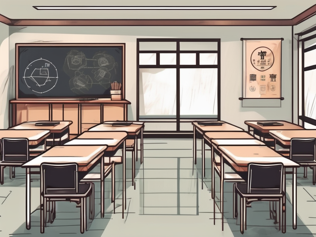 A classroom setting in china with a chalkboard