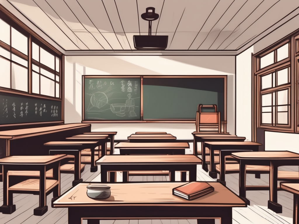 A traditional chinese classroom setting with highlighted elements such as a chalkboard