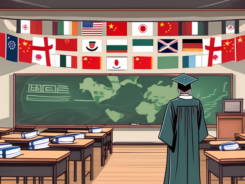 A classroom setting in china with a chalkboard