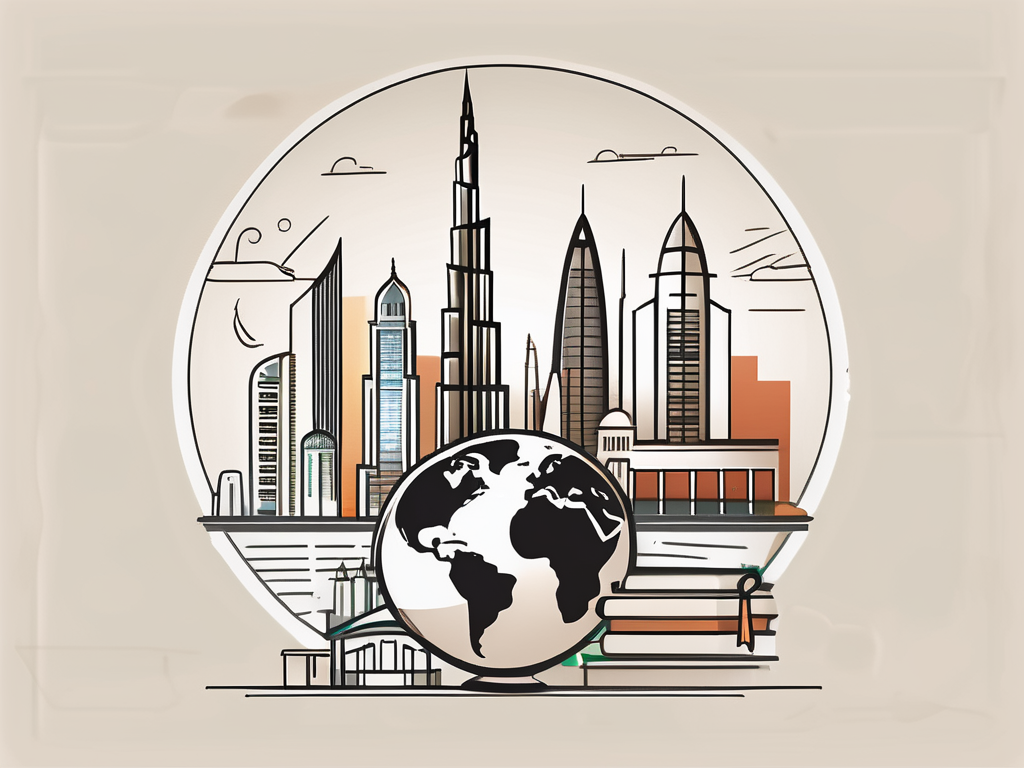 A school building with a dubai skyline in the background