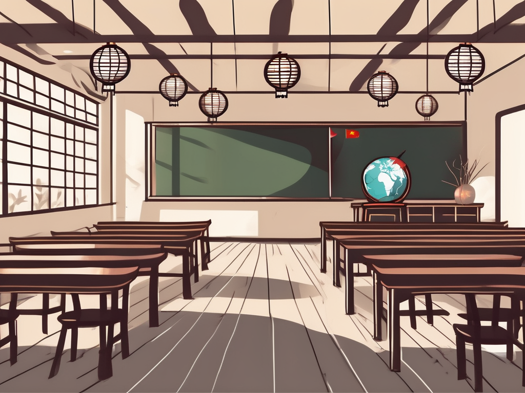 A classroom with empty chairs and desks