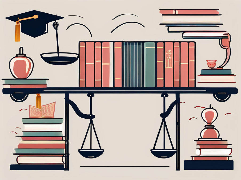 A balanced scale with traditional chinese educational symbols such as books