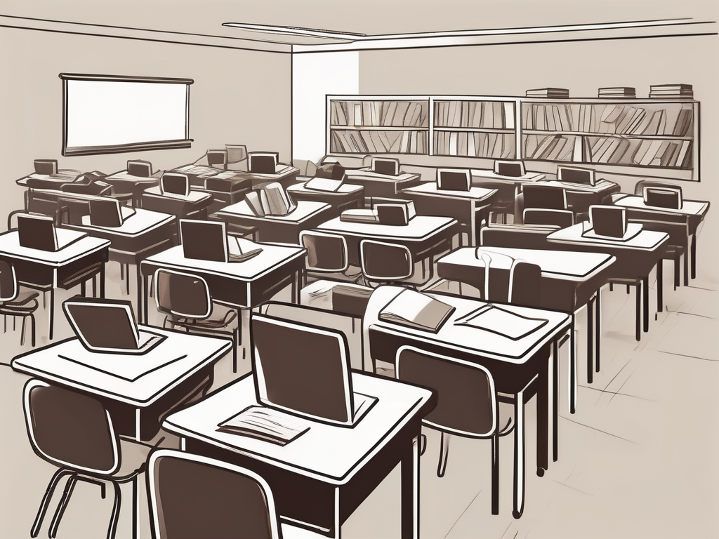 A crowded classroom with numerous desks and chairs