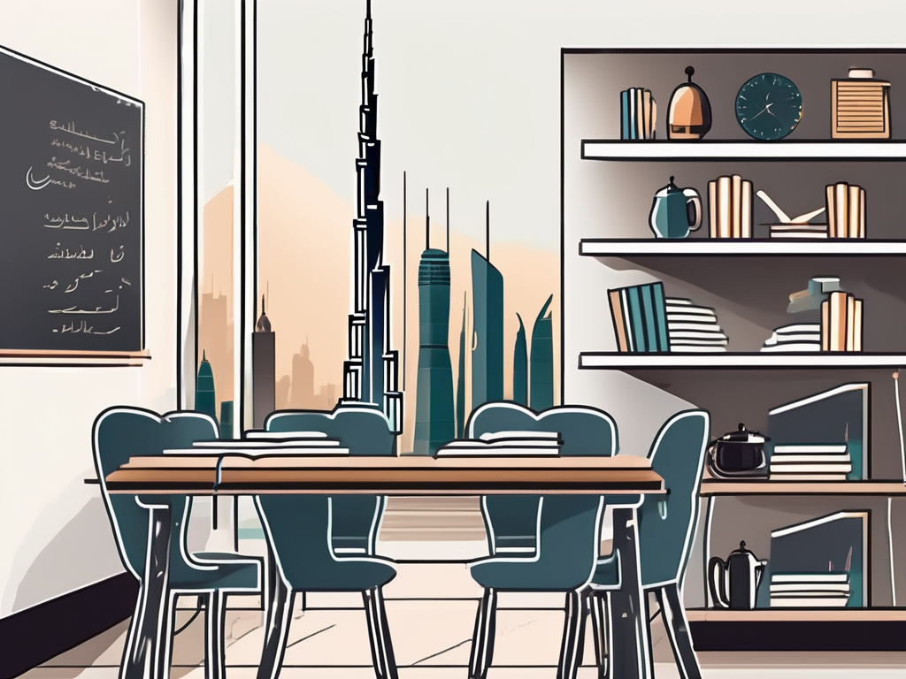 A classroom setting in dubai with various language learning tools like headphones