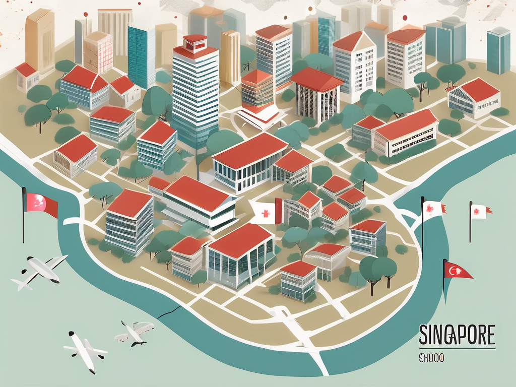 A diverse array of school buildings scattered across a stylized map of singapore