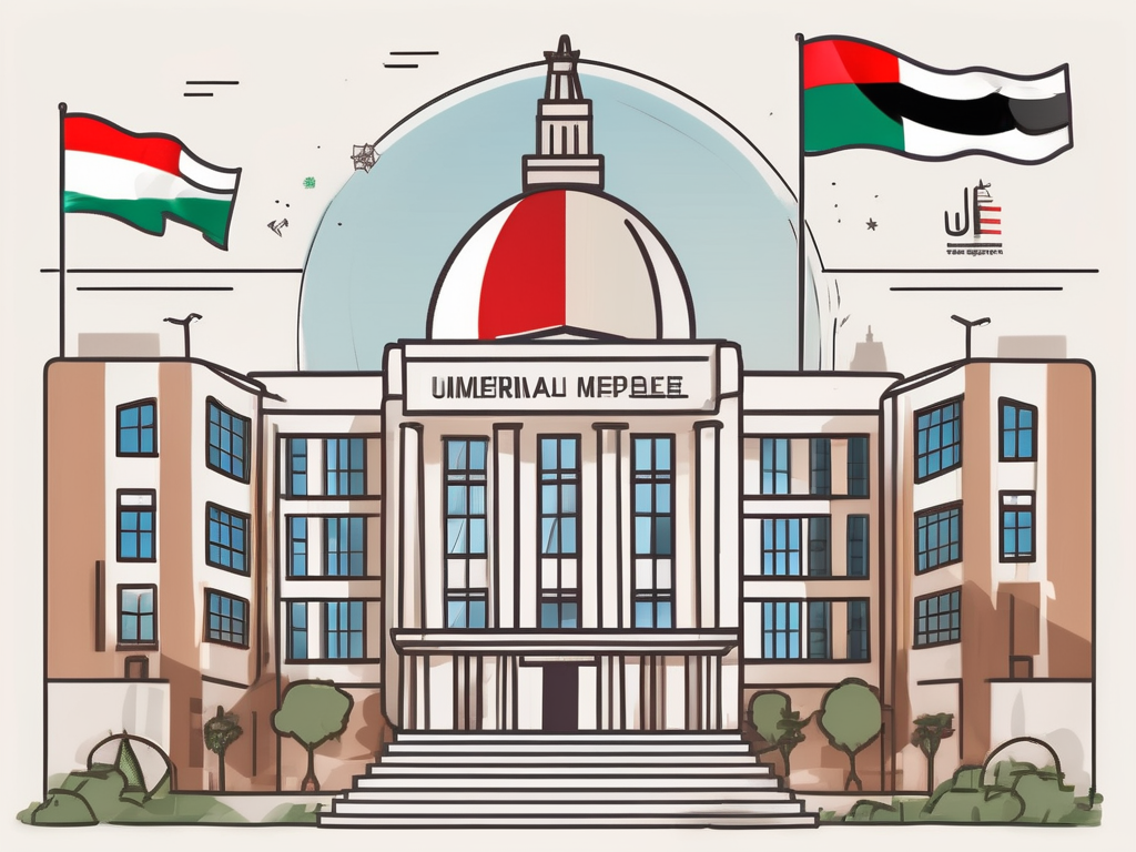 A school building with the uae flag flying overhead