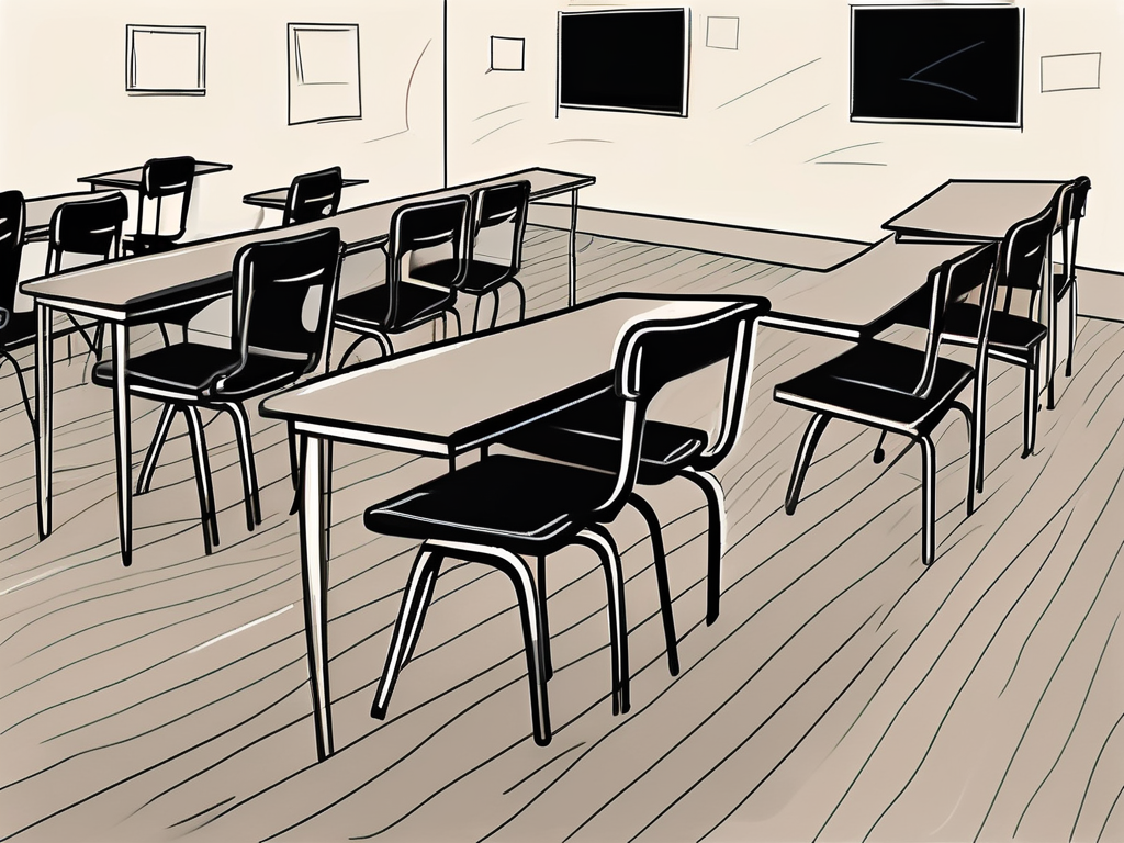 A deserted classroom with empty chairs and desks
