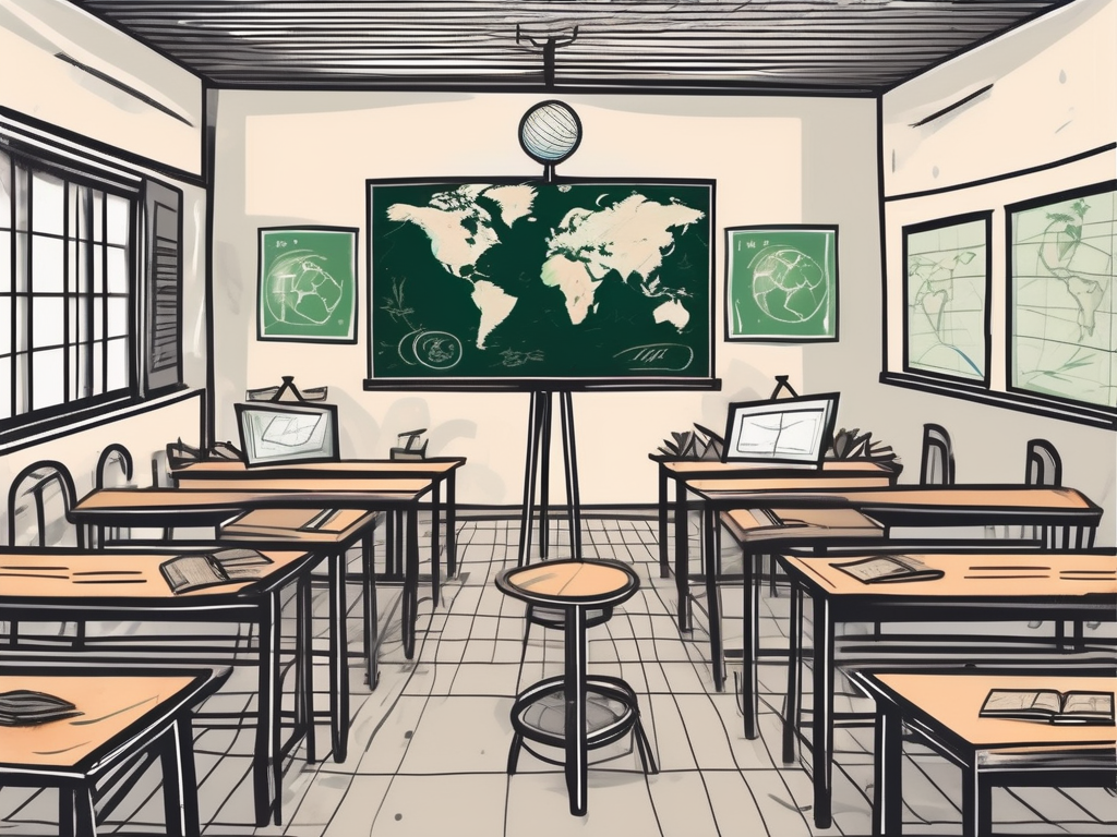 A vietnamese classroom with a chalkboard