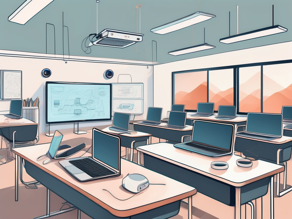 A modern classroom in south korea filled with various technological devices such as laptops