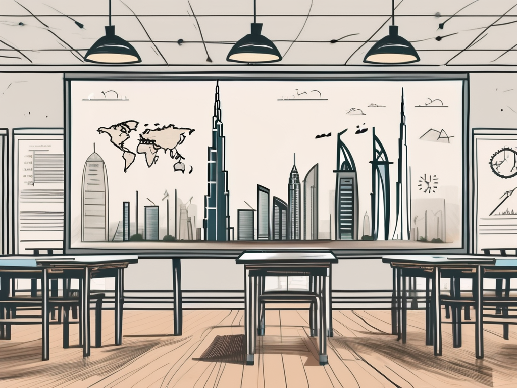 A classroom setting with iconic dubai landmarks in the background