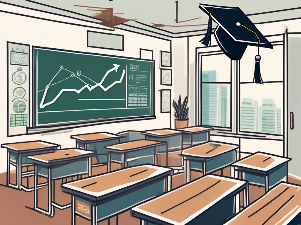 A classroom setting in malaysia with various financial symbols like currency and graphs