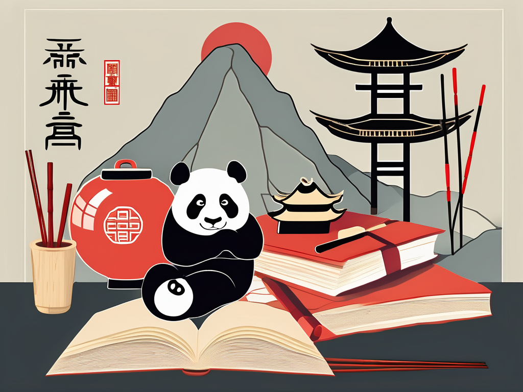 A collection of five symbolic objects that represent china and language learning