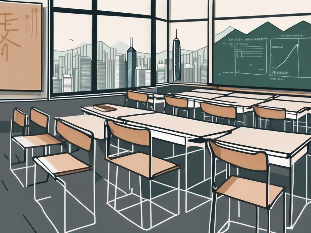 A classroom setting with iconic hong kong landmarks in the background